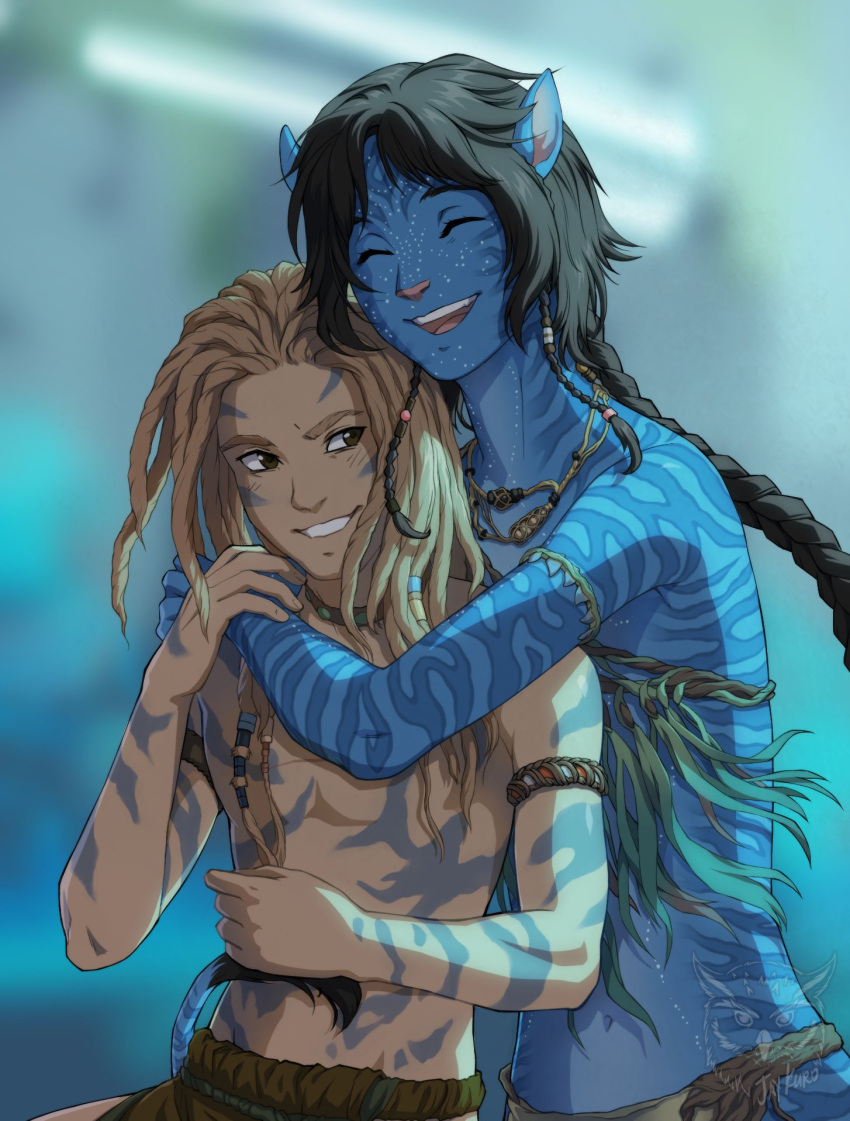 1boy 1girl alien arm_cuffs avatar:_the_way_of_water black_hair blue_skin blurry blurry_background braid braided_ponytail brown_hair closed_eyes colored_skin commentary dreadlocks english_commentary full-body_tattoo highres hug hug_from_behind interspecies james_cameron's_avatar jay_kuro kiri_(avatar) light_brown_hair long_hair medium_hair navel pointy_ears science_fiction short_hair_with_long_locks simple_background solo_focus spider_(avatar) tail tattoo teeth topless_male tribal upper_teeth_only