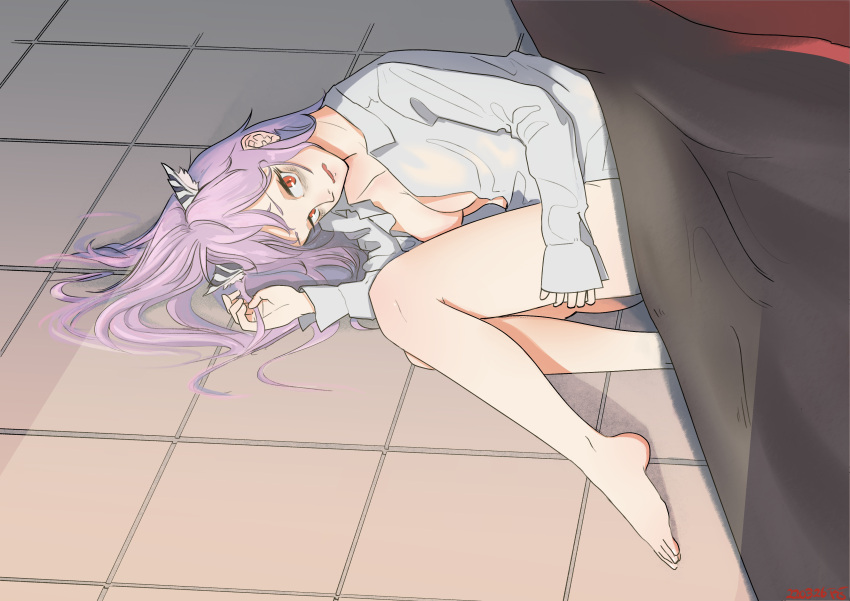 1girl absurdres animal_ears bags_under_eyes bare_legs barefoot blanket blush bottomless breasts cat_ears coat collarbone commentary dated english_commentary feet girls'_frontline highres lab_coat long_hair long_sleeves looking_at_viewer lying medium_breasts messy_hair naked_labcoat on_floor on_side open_clothes open_coat parted_lips persica_(girls'_frontline) pink_hair radish_p red_eyes signature solo tile_floor tiles toes under_covers