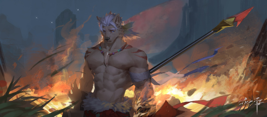 abs absurd_res anthro awaldkize blue_eyes bottomwear clothed clothing fire front_view fur hair hi_res holding_object holding_spear holding_weapon jewelry male melee_weapon muscular muscular_anthro muscular_male necklace night outside pecs polearm red_bottomwear red_clothing red_stripes solo spear standing star striped_shoulders stripes tan_body tan_fur topless weapon white_hair