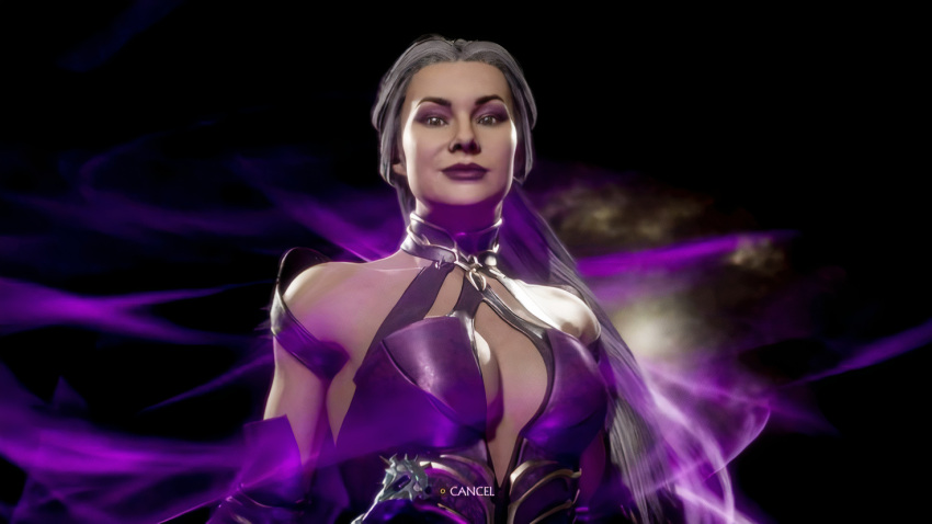 1girl asymmetrical_clothes bare_shoulders breasts center_opening cleavage collar detached_sleeves eyeshadow grey_eyes large_breasts long_hair looking_at_viewer makeup mortal_kombat_(series) mortal_kombat_11 non-web_source purple_eyeshadow purple_lips revealing_clothes sindel smile solo upper_body white_hair