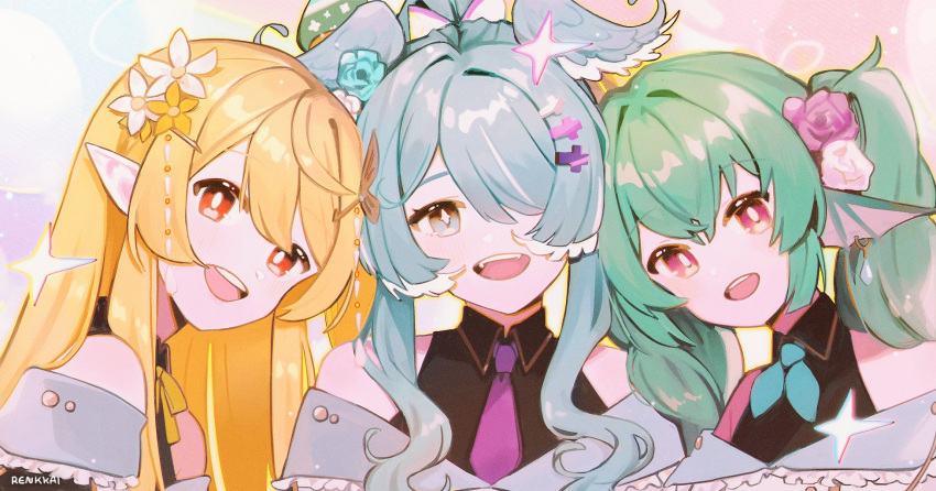 3girls blonde_hair blue_eyes blue_hair blue_neckerchief bow bowtie commentary elira_pendora english_commentary finana_ryugu fins flower green_hair hair_flower hair_ornament hair_over_one_eye hairclip head_fins head_wings highres lazulight long_hair multiple_girls neckerchief necktie nijisanji nijisanji_en off_shoulder open_mouth pink_eyes pointy_ears pomu_rainpuff ponytail purple_flower purple_necktie red_eyes renkkai sidelocks smile twintails virtual_youtuber wings x_hair_ornament yellow_bow yellow_bowtie