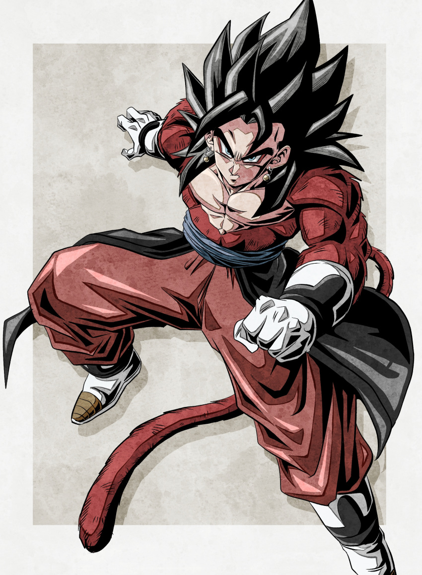 absurdres black_hair blue_eyes body_fur dragon_ball dragon_ball_heroes earrings gloves highres jewelry long_hair looking_at_viewer male_focus monkey_boy monkey_tail muscular muscular_male no_nipples pants pectorals potara_earrings red_fur saiyan spiked_hair super_saiyan super_saiyan_4 tail time_patrol_(dragon_ball) ushi_(akabec0) vegetto vegetto_(xeno)