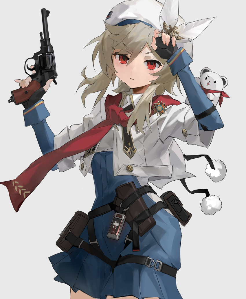 1girl beret black_neckerchief blonde_hair blue_jumpsuit breasts closed_mouth finger_on_trigger fingerless_gloves girls'_frontline girls'_frontline_2:_exilium gloves gun hair_between_eyes hands_up hat hat_feather highres holding holding_weapon hoo jumpsuit long_hair long_sleeves looking_at_viewer nagant_m1895 nagant_revolver_(girls'_frontline) neckerchief pouch red_eyes red_scarf revolver scarf sidelocks simple_background small_breasts solo stuffed_animal stuffed_toy sweat two-tone_jumpsuit upper_body weapon white_background white_headwear