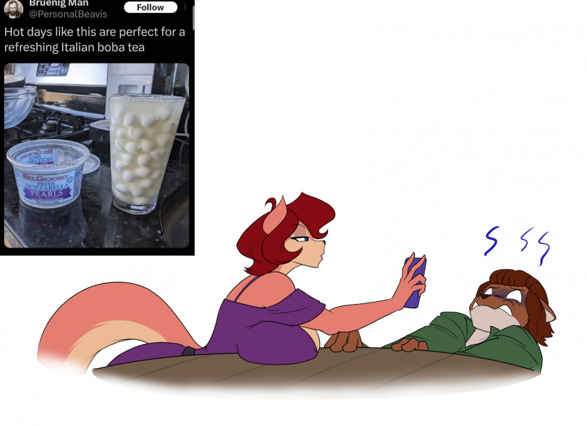 anthro beverage bubble_tea canid canine cellphone colette_(belise) cursed_image disgust disgusted_expression female food fox hi_res male mammal pasta phone real screencap simple_background smartphone toughset twitter white_background