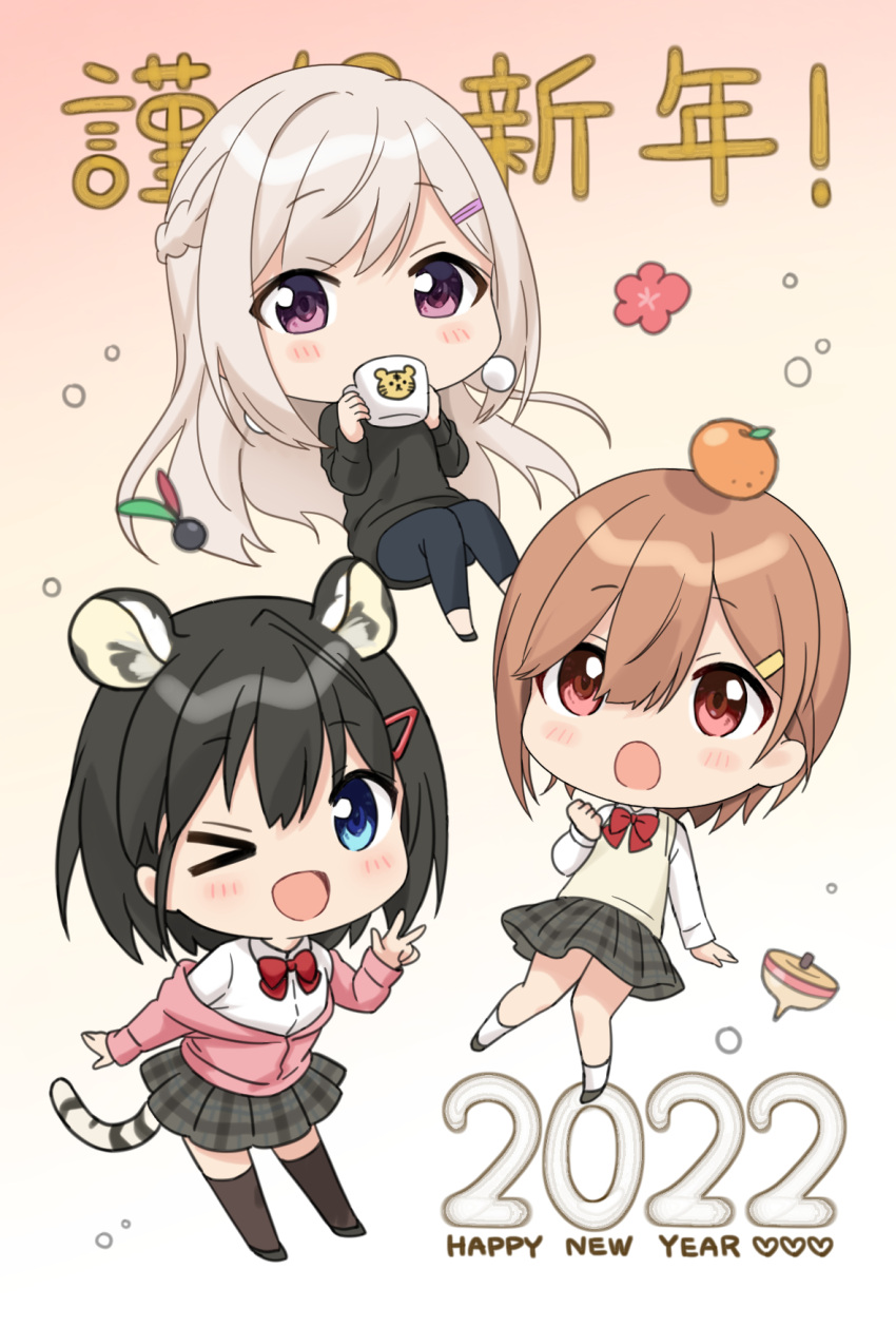 &gt;_o 2022 3girls animal_ears azuki_yui black_hair black_pants black_shirt black_skirt blue_eyes blush braid brown_hair chibi cup flower food food_on_head fruit gradient_background grey_hair hair_between_eyes hair_ornament hairclip happy_new_year highres holding holding_cup long_hair mandarin_orange multiple_girls object_on_head one_eye_closed open_mouth original pants pink_flower pink_sweater plaid plaid_skirt purple_eyes red_eyes school_uniform shadow shirt short_hair skirt socks spinning_top sweater tail thighhighs triangle_hair_ornament white_shirt white_socks