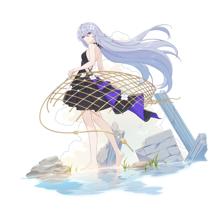 1girl absurdres backless_dress backless_outfit bare_legs bare_shoulders barefoot dress fishing_net flower from_side full_body game_cg grey_hair hair_between_eyes hair_flower hair_ornament half_updo halter_dress halterneck heel_up highres honkai_(series) honkai_impact_3rd light_smile long_hair looking_to_the_side official_art pleated_dress red_eyes ruins sidelocks solo straight_hair third-party_source very_long_hair white_background white_flower