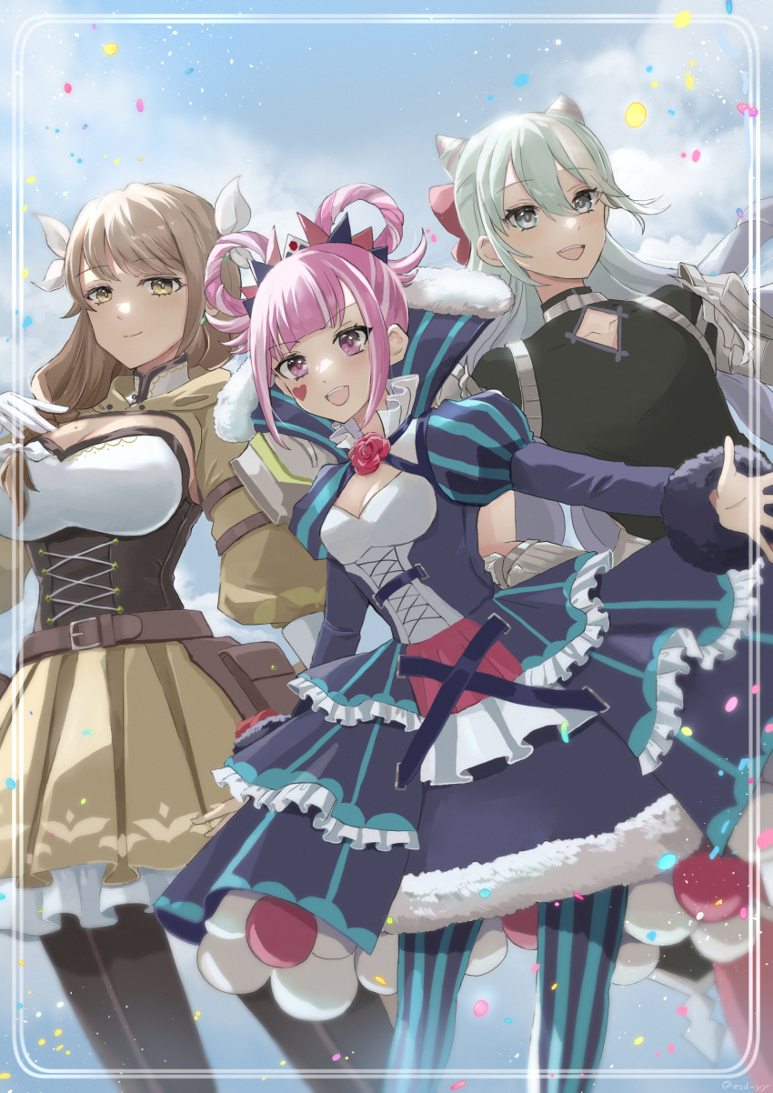 1boy 2girls :d androgynous belt brown_hair dress esuda0919 fire_emblem fire_emblem_engage goldmary_(fire_emblem) hair_ornament highres hortensia_(fire_emblem) long_hair long_sleeves multiple_girls open_mouth pink_eyes pink_hair ribbon rosado_(fire_emblem) skirt sky smile