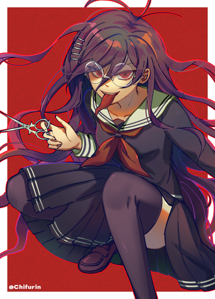 1girl artist_name black_shirt black_skirt black_thighhighs border breasts chifurin danganronpa:_trigger_happy_havoc danganronpa_(series) foot_out_of_frame glasses hair_ornament hairclip highres holding holding_scissors long_hair long_sleeves medium_breasts neckerchief pleated_skirt red_background red_eyes red_neckerchief round_eyewear sailor_collar scissors shirt shoes skirt solo squatting teeth thighhighs tongue tongue_out torn_clothes torn_skirt tsumiki_mikan white_border