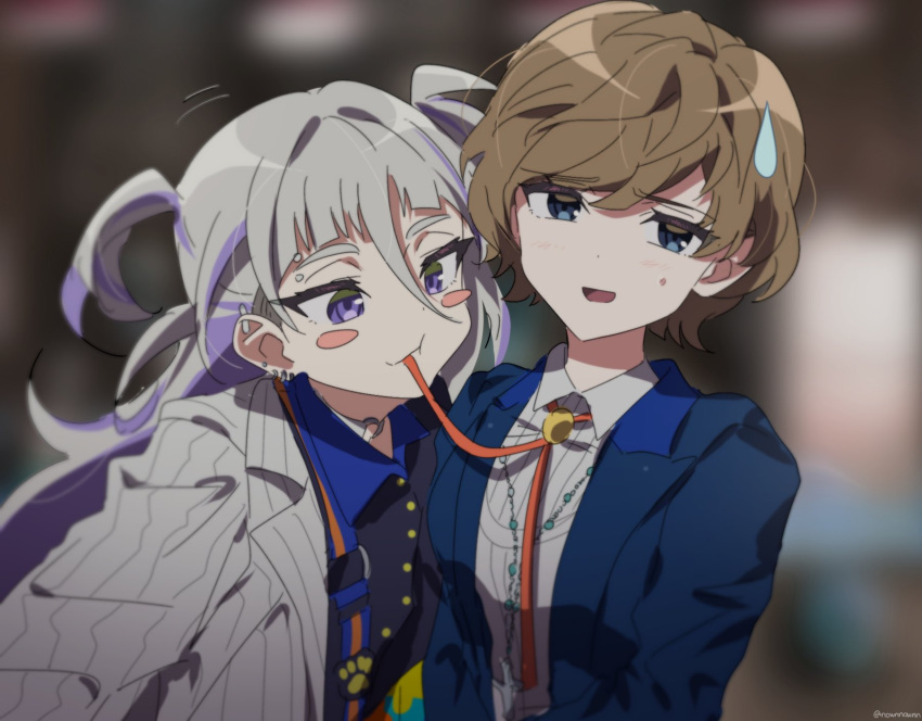 2girls ando_shiki black_shirt blue_eyes blue_jacket blue_shirt brown_hair coat earrings eyebrow_piercing genderswap genderswap_(mtf) grey_coat grey_hair half_updo highres jacket jewelry long_hair midriff_peek multicolored_clothes multicolored_hair multicolored_jacket multicolored_shirt multiple_earrings multiple_girls natsume_ryu navel_piercing nownnownn paradox_live piercing purple_hair shirt short_hair teeth white_shirt