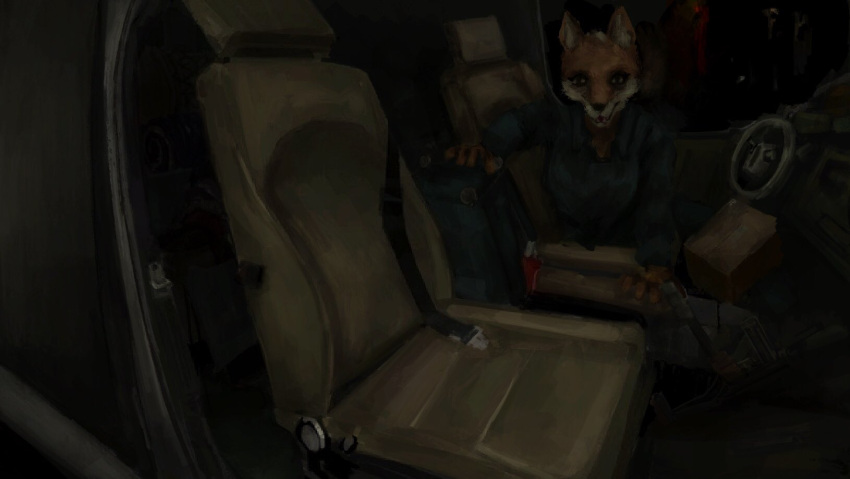 anon2000000 anthro canid canine car clothed clothing detailed_background digital_media_(artwork) digital_painting_(artwork) driving female fox fur hair hi_res horror_(theme) inside_car jumpsuit looking_at_viewer mammal medium_truck multicolored_body multicolored_fur night nightmare_fuel open_mouth orange_body orange_fur sitting smile solo solo_focus teeth topwear truck_(vehicle) two_tone_body two_tone_fur van vehicle white_body white_fur