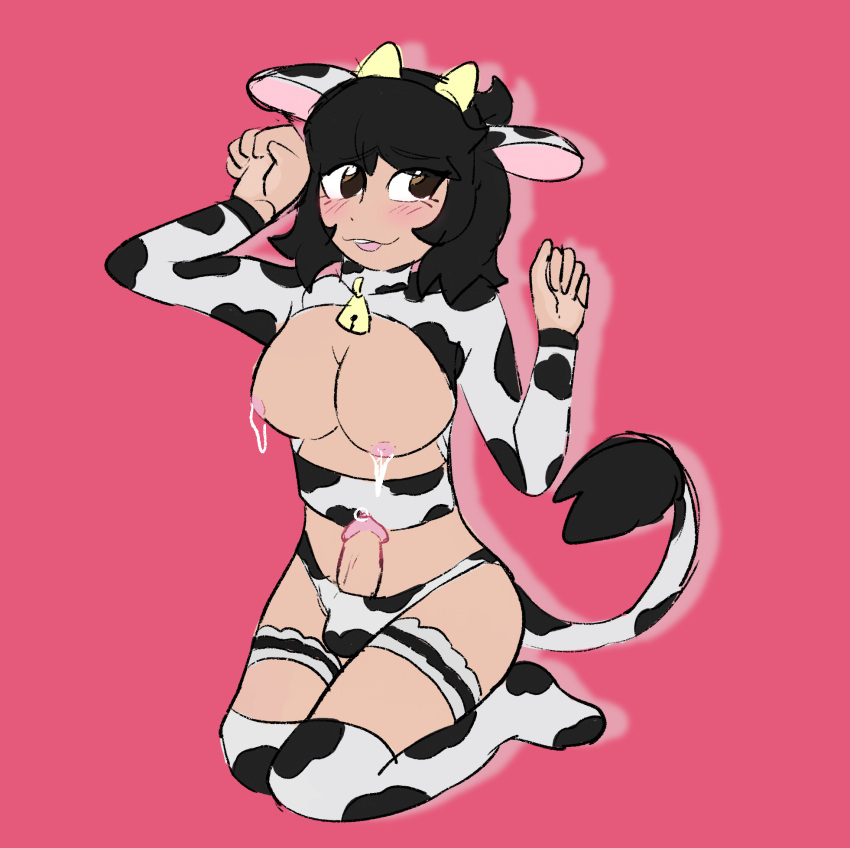 animal_print animal_print_bikini balls_outline bell bikini bloowolfy blush blush_lines bodily_fluids bovid bovine bulge cattle clothing collar cow_outfit cow_print cow_print_armwear cow_print_bikini cow_print_lingerie cow_print_thighhighs cowbell eyelashes fake_cow_ears fake_cow_tail fake_ears fake_horns fake_tail genital_fluids genital_outline guide_lines gynomorph hair hi_res human humanoid_hands intersex jackrabbit_(artist) jaiden_(jaidenfluid) lactating mammal nipples pattern_bikini pattern_clothing pattern_swimwear pink_background precum simple_background sketch solo swimwear third-party_edit trans_(lore) trans_woman_(lore)