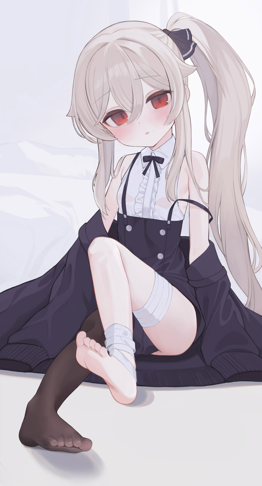 1girl :o absurdres anparu asymmetrical_clothes bandaged_leg bandages bare_shoulders black_bow black_pantyhose black_skirt black_sweater blonde_hair blush bow breasts commentary_request feet frills full_body hair_between_eyes hair_bow highres knee_up long_hair looking_at_viewer off_shoulder original pantyhose parted_lips partial_commentary ponytail red_eyes shirt sidelocks single_pantsleg sitting skirt sleeveless sleeveless_shirt sleeves_past_fingers sleeves_past_wrists small_breasts solo strap_slip suspender_skirt suspenders sweater toes very_long_hair white_background white_shirt