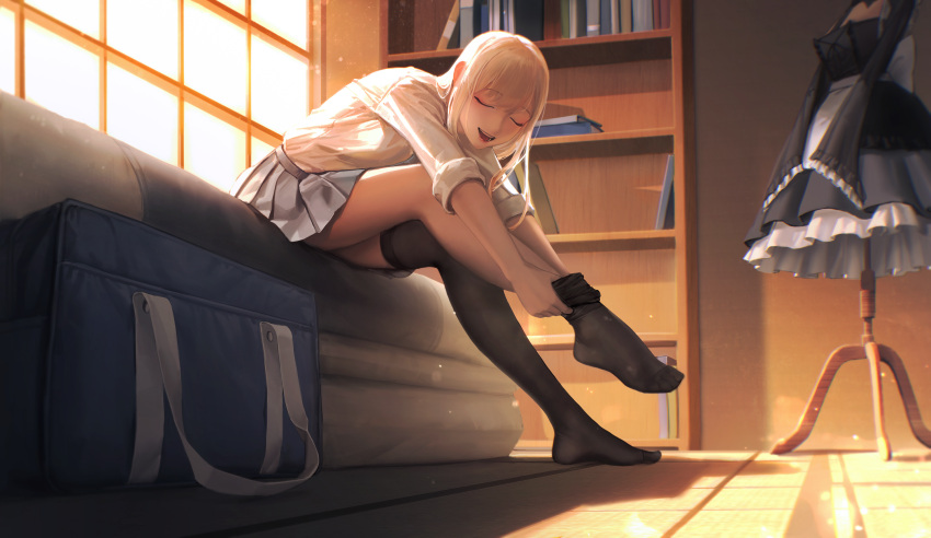adjusting_clothes bag blonde_hair blue_skirt breasts closed_eyes clothes_rack feet futon highres indoors kitagawa_marin limart long_hair medium_breasts miniskirt no_shoes open_mouth shirt sitting skirt sono_bisque_doll_wa_koi_wo_suru thighhighs thighhighs_pull thighs white_shirt
