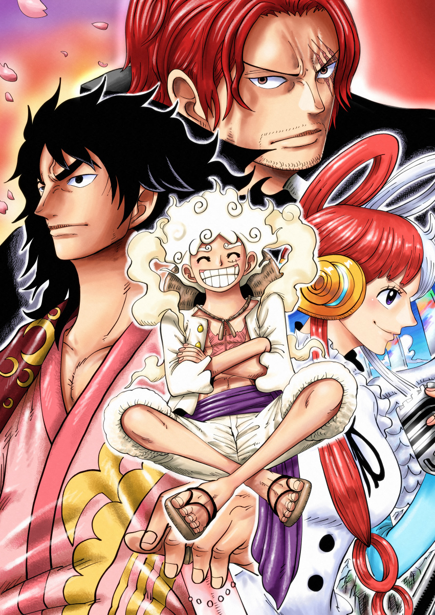 1girl 3boys absurdres black_hair closed_eyes closed_mouth highres long_hair momonosuke_(one_piece) monkey_d._luffy multicolored_hair multiple_boys one_piece one_piece_film:_red red_hair riku_(rikuw223xx) shanks_(one_piece) short_hair smile twintails two-tone_hair uta_(one_piece)