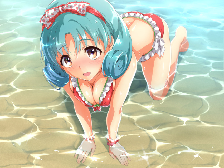 1girl all_fours ass back bare_shoulders barefoot bikini blush breasts brown_eyes cleavage curly_hair food_print frilled_bikini frilled_hairband frills from_above green_hair hairband idolmaster idolmaster_million_live! idolmaster_million_live!_theater_days looking_at_viewer looking_up medium_breasts medium_hair ookanehira open_mouth parted_bangs print_hairband red_bikini red_bracelet red_hairband smile solo sparkle strawberry_print swimsuit tokugawa_matsuri water wet