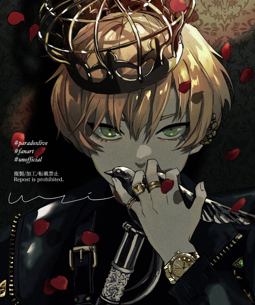 1boy bird black_background black_jacket blonde_hair cane covered_mouth crow crown gold_ring green_background green_eyes highres holding holding_cane jacket jewelry long_sleeves male_focus multicolored_background paradox_live petals red_petals ring rose_petals short_hair solo tume_uri watch wristwatch yeon_dongha