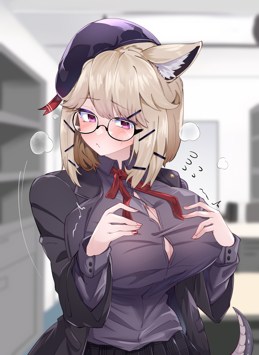 1girl absurdres animal_ear_fluff animal_ears arknights black_jacket black_shirt black_skirt breast_expansion breasts glasses hair_ornament hands_on_own_chest hat highres huge_breasts jacket kurarome long_sleeves medium_hair neck_ribbon official_alternate_costume open_clothes open_jacket pleated_skirt purple_eyes ribbon shirt skirt solo tail textless_version utage_(arknights) utage_(disguise)_(arknights)