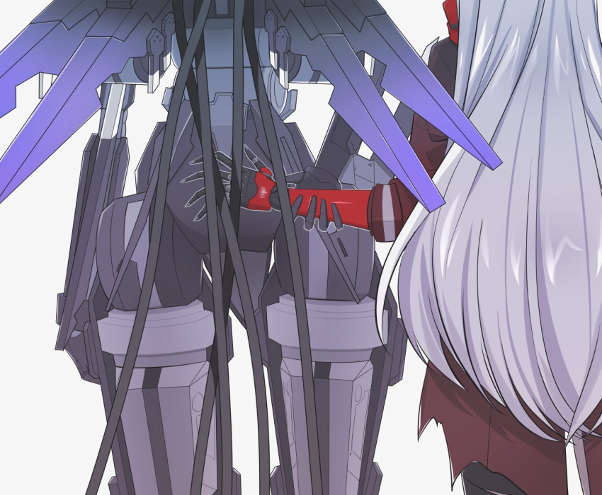 01pado_pado 2girls alpha_(punishing:_gray_raven) arm_behind_back black_thighhighs cyborg from_behind grey_hair holding_another's_arm jacket long_hair lower_body lucia:_crimson_abyss_(punishing:_gray_raven) mechanical_arms mechanical_parts mechanical_wings multiple_girls punishing:_gray_raven red_jacket red_scarf rosetta_(punishing:_gray_raven) scarf thighhighs very_long_hair wings