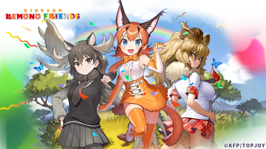 3girls animal_ears black_hair blonde_hair blue_eyes bow bowtie brown_eyes bug butterfly caracal_(kemono_friends) elbow_gloves extra_ears gloves highres horns kemono_friends kemono_friends_kingdom kneehighs lion_(kemono_friends) long_hair looking_at_viewer looking_back moose_(kemono_friends) multiple_girls nature necktie official_art orange_hair outdoors pantyhose scarf shirt shoes skirt sleeveless sleeveless_shirt socks tail weapon yellow_eyes