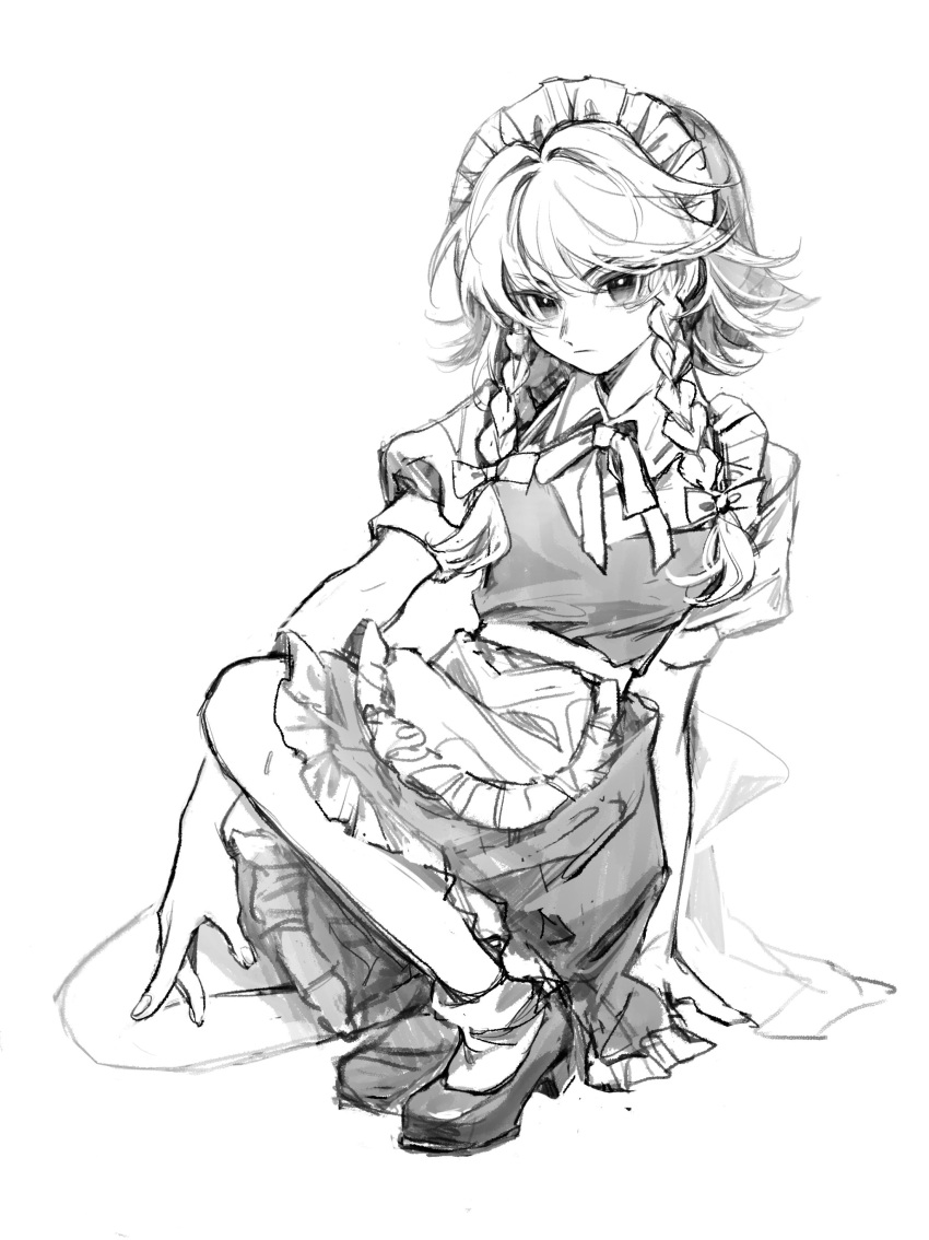 1girl 80isiiii absurdres apron braid closed_mouth collared_shirt dress frilled_apron frills full_body greyscale highres izayoi_sakuya maid_apron maid_headdress monochrome puffy_short_sleeves puffy_sleeves shirt shoes short_hair short_sleeves side_braids simple_background sketch socks solo touhou twin_braids waist_apron white_background