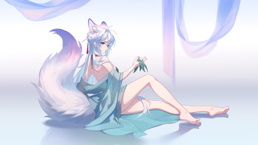 1girl absurdres animal_ears bare_back barefoot bikini black_bikini breasts extra_ears feet fluffy fox_ears fox_girl fox_tail grey_background grey_hair hair_ornament hairpin highres holding kirby_d_a knee_up large_tail legs long_legs looking_at_viewer medium_breasts original purple_eyes sideways_glance simple_background solo swimsuit tail toes