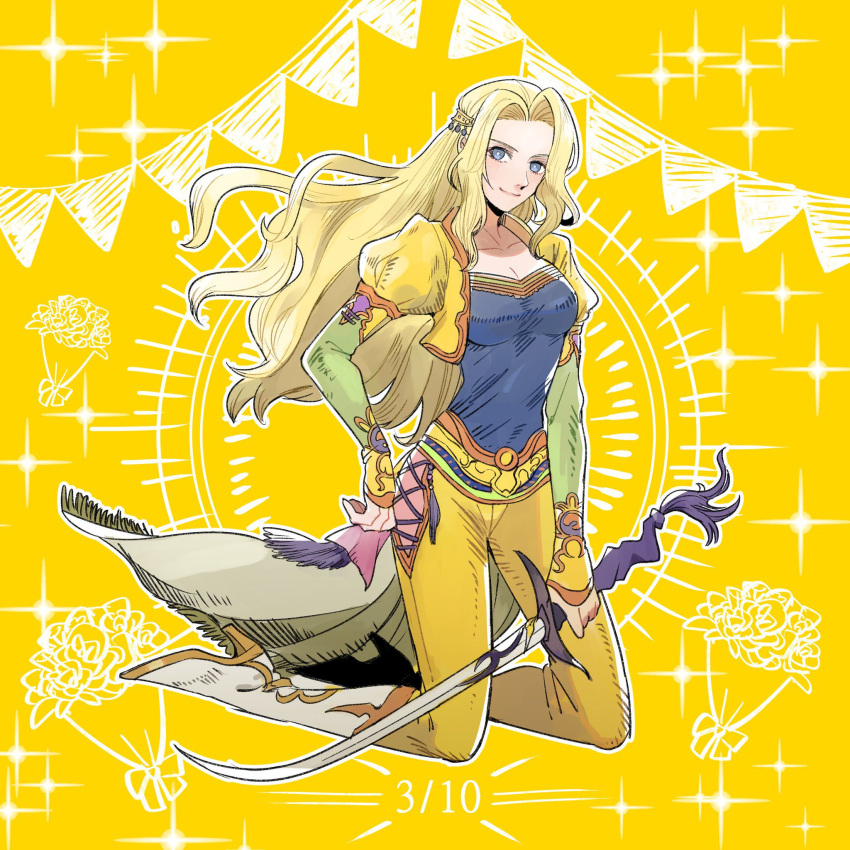 1girl bangs blonde_hair blue_eyes blue_shirt boots bouquet breasts celes_chere closed_mouth collarbone commentary_request cropped_jacket dated final_fantasy final_fantasy_vi flower full_body gold_trim hair_ornament hand_on_hip highres hip_vent holding holding_sword holding_weapon jacket juliet_sleeves knee_boots kneeling long_hair long_sleeves looking_at_viewer medium_breasts nnnmmg0725 pants parted_bangs puffy_short_sleeves puffy_sleeves shirt short_sleeves smile solo sword waist_cape weapon white_footwear yellow_jacket yellow_pants