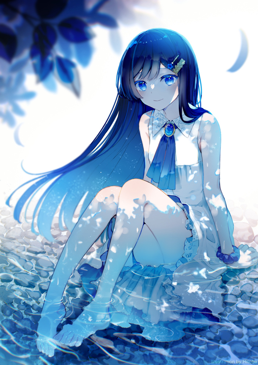 1girl absurdres arm_support artist_name bare_shoulders barefoot bloom blue_eyes blue_hair blue_ribbon blue_theme blurry blurry_foreground brooch cevio closed_mouth collared_dress dappled_sunlight dress english_text floating_hair full_body futaba_minato gradient_neck_ribbon hair_ornament hairclip highres hitoba jewelry knees_up lace-trimmed_dress lace_trim layered_dress leaf light_blush light_particles long_hair looking_at_viewer official_art ribbon ripples scrunchie second-party_source shade sitting sleeveless sleeveless_dress smile soaking_feet solo stream sunlight white_background white_dress wrist_scrunchie