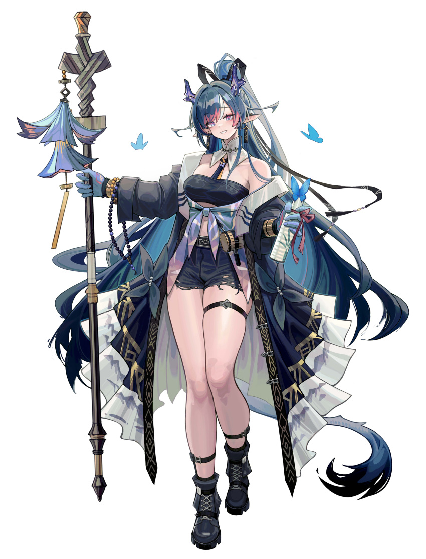 1girl absurdres alternate_costume arknights arm_tattoo bandeau black_bandeau black_footwear black_necktie black_shorts blue_eyes blue_hair blue_skin boots breasts collar colored_skin constant_qiu detached_collar dragon_girl dragon_horns dragon_tail earrings full_body highres horns jewelry ling_(arknights) long_hair looking_at_viewer medium_breasts multicolored_hair navel necktie pointy_ears ponytail shorts simple_background smile solo standing streaked_hair tachi-e tail tassel tassel_earrings tattoo thigh_strap thighs very_long_hair white_background white_collar white_hair