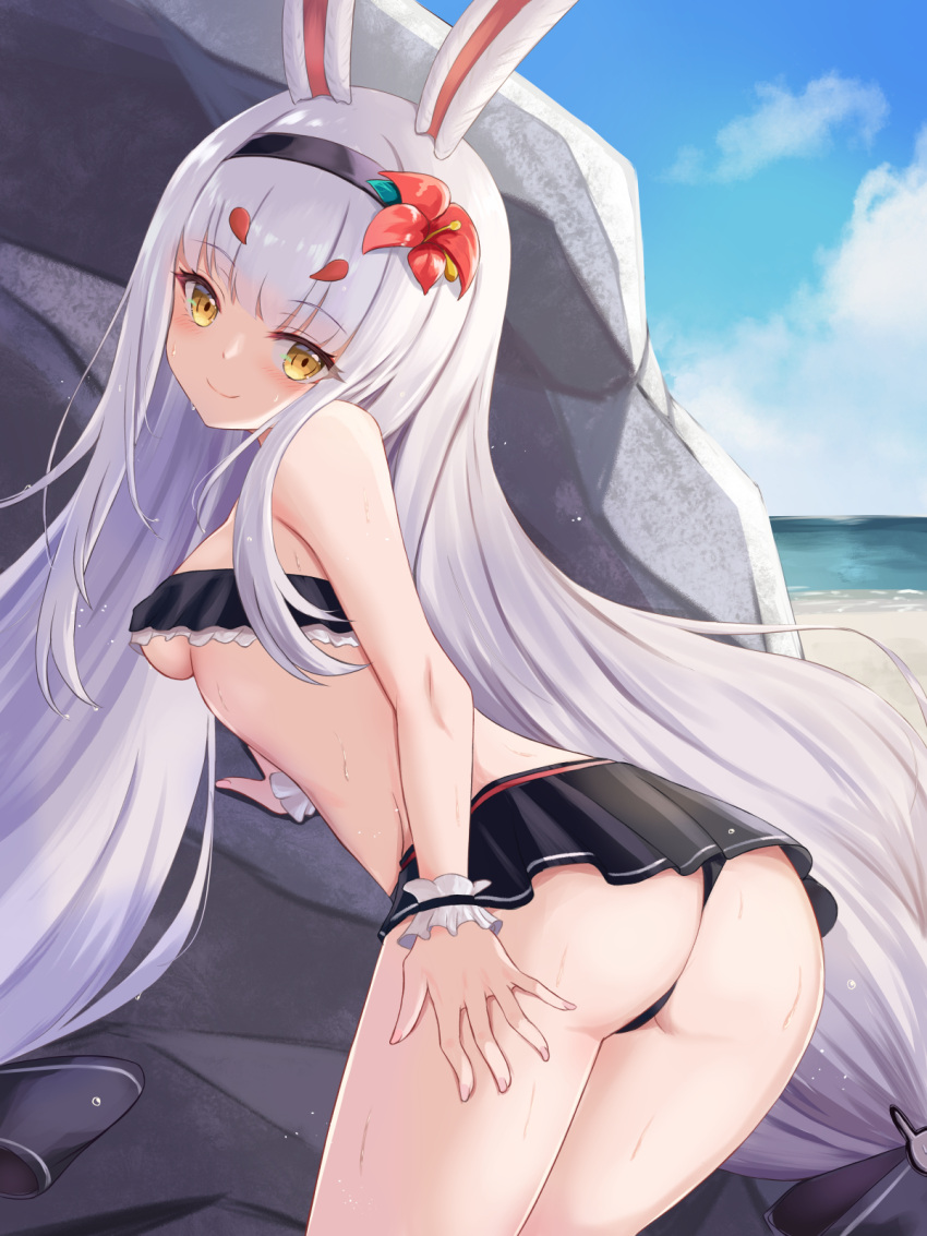 1girl animal_ears ass azur_lane beach bikini bikini_skirt black_bikini black_bow black_hairband blush bow breasts commentary_request day flower from_behind from_side habu_rin hair_bow hair_flower hair_ornament hairband hand_on_own_ass highres long_hair looking_at_viewer looking_back medium_breasts midriff miniskirt no_tail ocean outdoors pleated_skirt rabbit_ears rabbit_girl rabbit_hair_ornament red_flower shimakaze_(azur_lane) shimakaze_(the_island_wind_rests)_(azur_lane) skirt small_breasts smile solo swimsuit thighs underboob very_long_hair wet wet_bikini wet_clothes white_hair wristband yellow_eyes