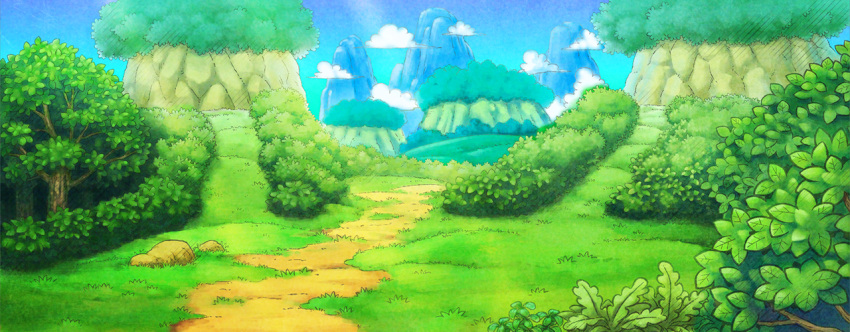 artist_request blue_sky bush cloud commentary day english_commentary fushigi_no_dungeon game_cg grass light_rays mountain no_humans official_art outdoors path pokemon pokemon_(game) pokemon_mystery_dungeon road scenery sky sunlight third-party_source tree wide_shot