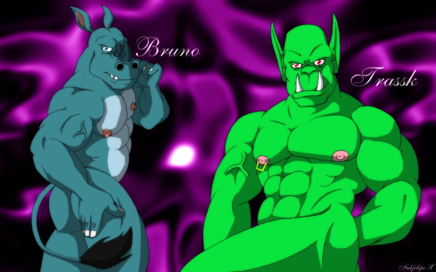 16:10 2008 abs anthro blue_eyes bruno_rhynox countershading duo fabfelipe facial_horn green_body green_skin grey_body grey_skin horn humanoid looking_at_viewer male mammal muscular muscular_anthro muscular_male nipple_piercing nipple_ring nipples nose_horn nude orc pecs piercing pink_nipples pose red_eyes rhinoceros ring_piercing trassk tusks vein veiny_muscles widescreen