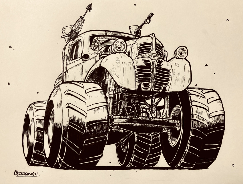 absurdres bigfoot_(mad_max) commentary_request datsan dodge_fargo harpoon harpoon_gun highres mad_max mad_max:_fury_road marker_(medium) monochrome monster_truck motor_vehicle no_humans traditional_media twitter_username vehicle_focus