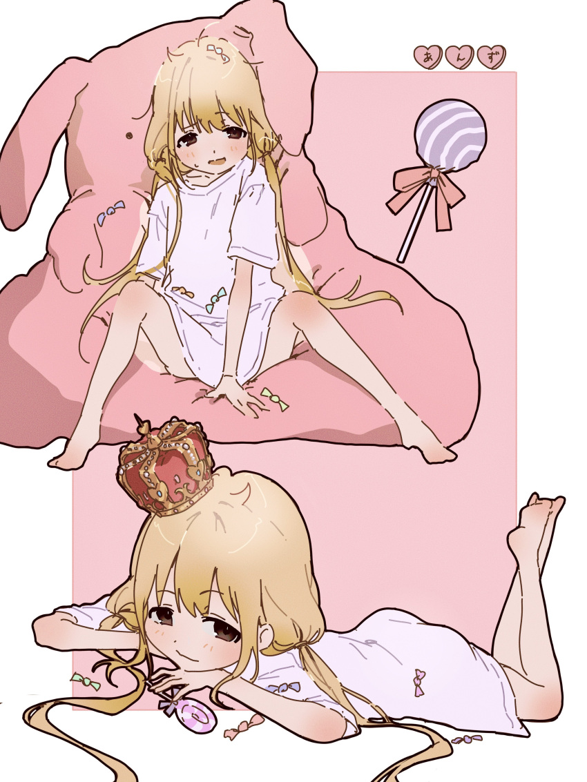 1girl absurdres barefoot blonde_hair blush brown_eyes candy crown cushion food full_body futaba_anzu highres idolmaster idolmaster_cinderella_girls lollipop long_hair long_shirt looking_at_viewer low_twintails lying multiple_views on_stomach shirt sketch swirl_lollipop t-shirt twintails usurai_rairai