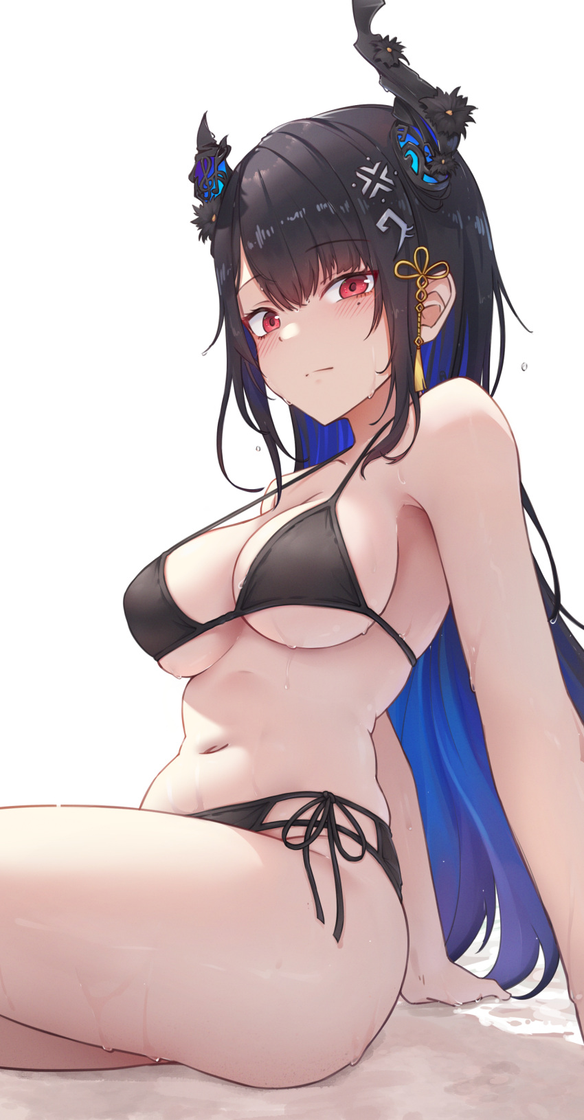 1girl absurdres asymmetrical_horns bare_shoulders bikini black_bikini black_hair blue_hair blush breasts closed_mouth colored_inner_hair demon_horns hair_ornament highres hololive hololive_english horns large_breasts long_hair looking_at_viewer mole mole_under_eye multicolored_hair nerissa_ravencroft red_eyes shironekokfp sitting solo strap_gap sweat swimsuit tassel tassel_hair_ornament two-tone_hair uneven_horns virtual_youtuber wet