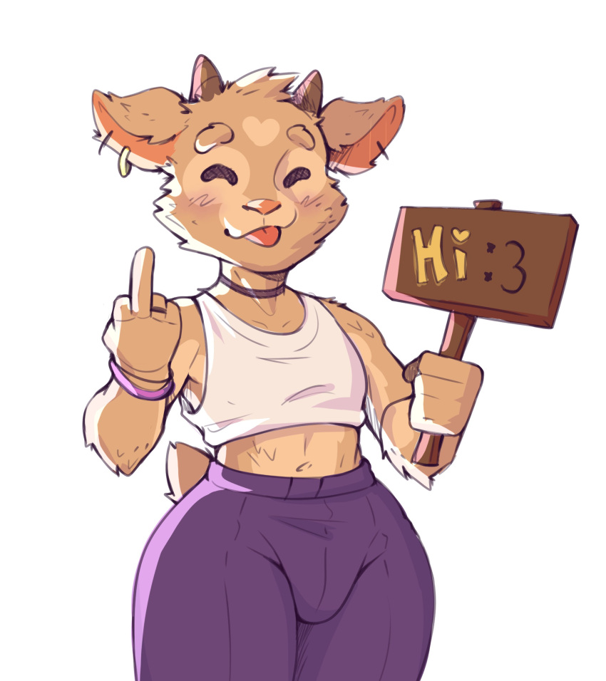 &lt;3 2023 :3 absurd_res anthro blep blush bottomwear bovid bracelet bulge caprine choker clothing crop_top digital_media_(artwork) ear_piercing front_view fur gesture girly goat hi_res holding_object holding_sign jewelry looking_at_viewer male mammal middle_finger midriff necklace piercing shirt sign simple_background smile solo solo_(soloemi) soloemi3 tan_body tan_fur tongue tongue_out topwear white_background wide_hips