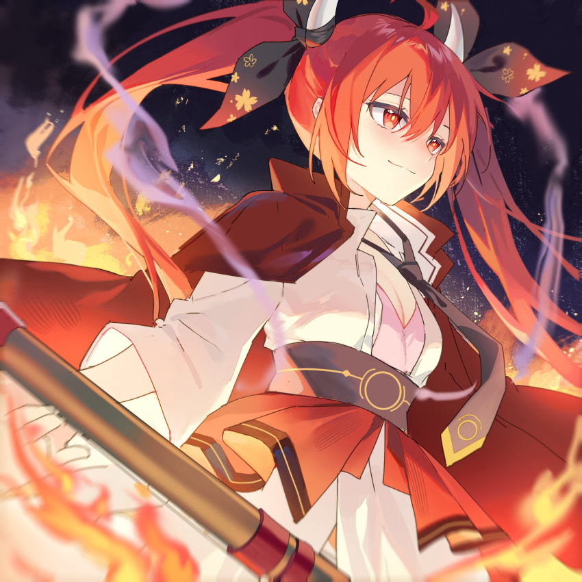 1girl black_background black_necktie breasts date_a_live fire highres horns itsuka_kotori large_breasts looking_at_viewer necktie red_eyes red_hair shirt solo twintails white_horns white_shirt yunweishukuang