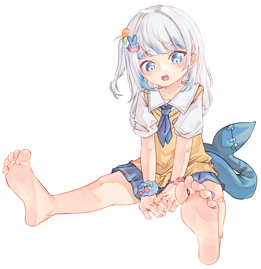 1girl barefoot chaosexceed feet gawr_gura highres hololive hololive_english multicolored_hair no_shoes open_mouth school_uniform simple_background soles solo tail teeth toenails toes two-tone_hair upper_teeth_only virtual_youtuber white_background white_hair