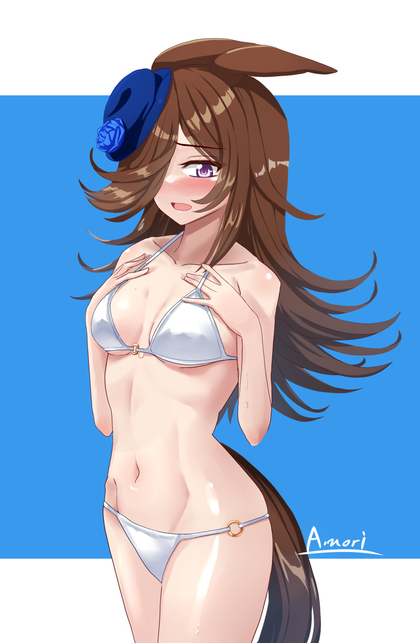 1girl a.nori absurdres animal_ears artist_name bikini blue_background blue_flower blue_headwear blue_rose blush bowler_hat breasts brown_hair commentary_request cowboy_shot embarrassed flower groin hair_over_one_eye hands_on_own_chest hat hat_flower highres horse_ears horse_girl horse_tail long_bangs long_hair looking_at_viewer medium_breasts nose_blush o-ring o-ring_bottom rice_shower_(umamusume) rose solo standing swimsuit tail tilted_headwear two-tone_background umamusume white_bikini