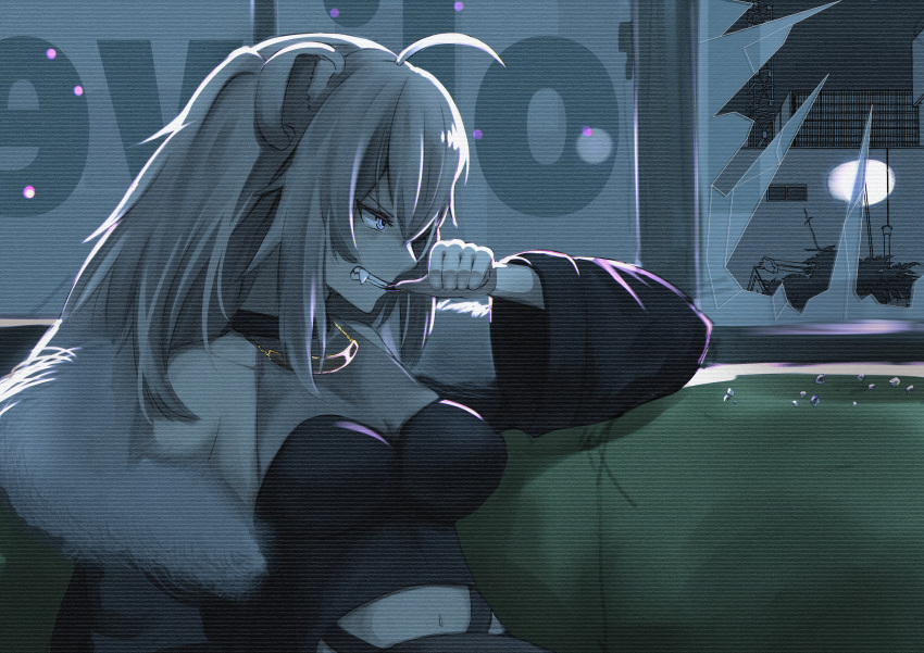 1girl absurdres ahoge animal_ears biting black_nails breasts broken_window cleavage commentary commentary_request couch fang full_moon fur-trimmed_jacket fur_trim grey_eyes grey_hair highres hololive jacket lion_ears lion_girl long_hair medium_breasts micon moon nail_biting navel ship shishiro_botan solo sports_bra striped striped_sports_bra virtual_youtuber watercraft window