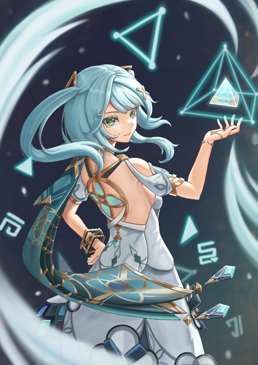 1girl absurdres aqua_hair bare_shoulders bracelet breasts commentary_request cowboy_shot dress faruzan_(genshin_impact) from_behind genshin_impact green_eyes hand_on_own_hip hand_up highres ilbanseomin jewelry long_hair looking_at_viewer looking_back medium_breasts pyramid_(geometry) short_sleeves smile solo standing twintails white_dress