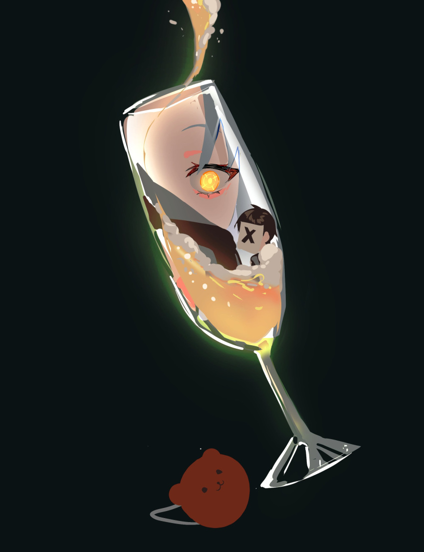 1boy 1girl abstract absurdres alcohol angela_(project_moon) bear_hair_ornament black_background black_hair black_pants blue_hair champagne champagne_flute cup drinking_glass hair_ornament highres in_container in_cup lobotomy_corporation long_hair msx_(mis4xi) pants paper_on_head project_moon simple_background unworn_hair_ornament very_long_hair x_(project_moon) yellow_eyes