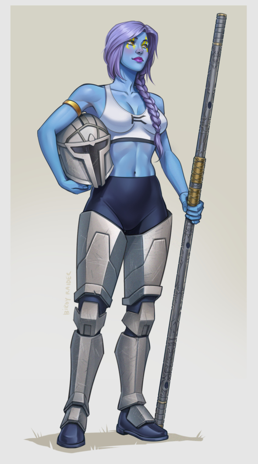 1girl alien armor artist_name blue_skin border bra braid braided_ponytail colored_skin full_body helmet highres holding holding_helmet holding_staff long_hair navel pantoran ponytail purple_hair raiderbirdy solo staff star_wars underwear watermark white_border white_bra