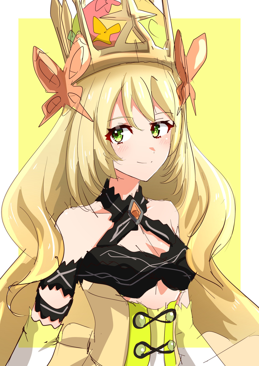 1girl absurdres bare_shoulders blonde_hair border breasts butterfly_hair_ornament celine_(fire_emblem) crown detached_sleeves dress fire_emblem fire_emblem_engage flower green_eyes hair_flower hair_ornament highres long_hair looking_at_viewer outside_border small_breasts smile solo to_(tototo_tk) upper_body very_long_hair white_border yellow_background