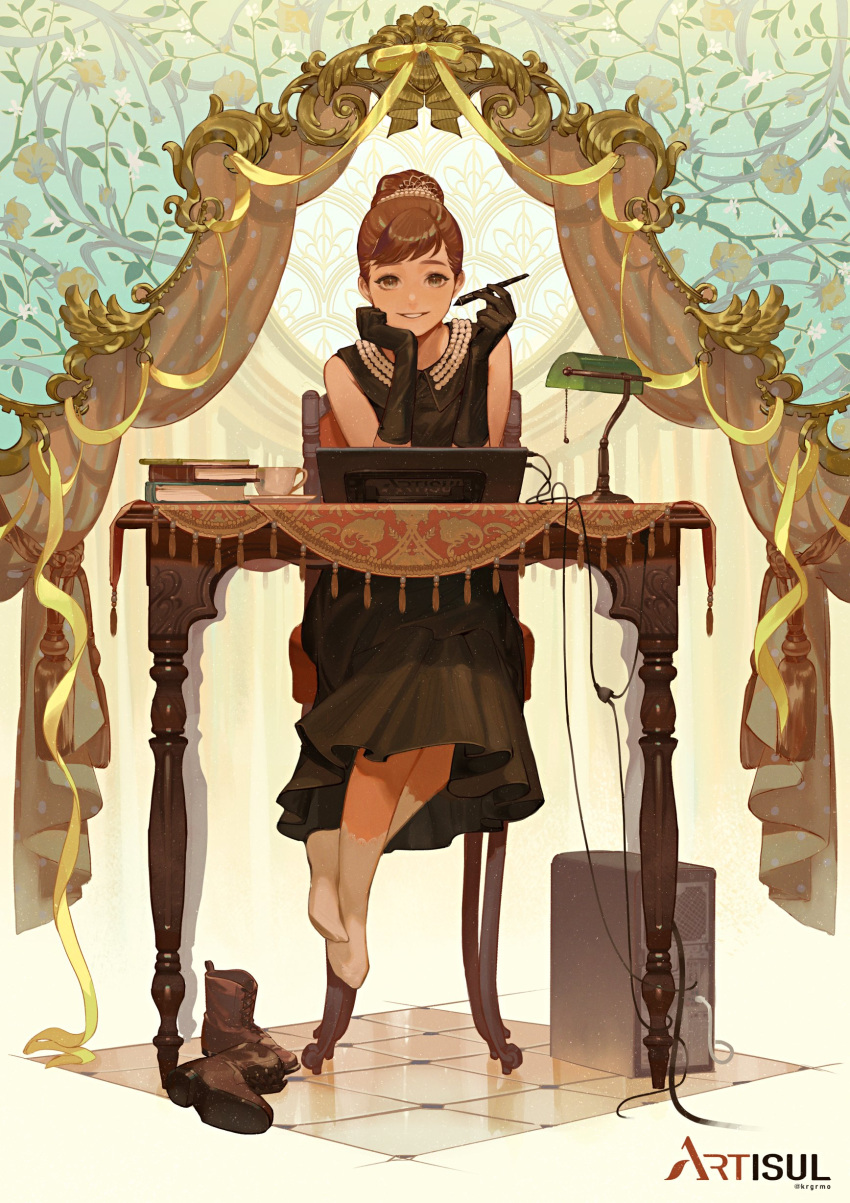 1girl absurdres artisul black_dress black_gloves book boots boots_removed brown_eyes brown_hair chair computer crossed_ankles cup desk desk_lamp drawing_tablet dress elbow_gloves floral_background gloves hair_bun hand_on_own_chin head_rest highres lamp looking_at_viewer magenaiman3 on_chair original saucer sitting smile socks solo stylus tablet_pc teacup tile_floor tiles twitter_username white_socks
