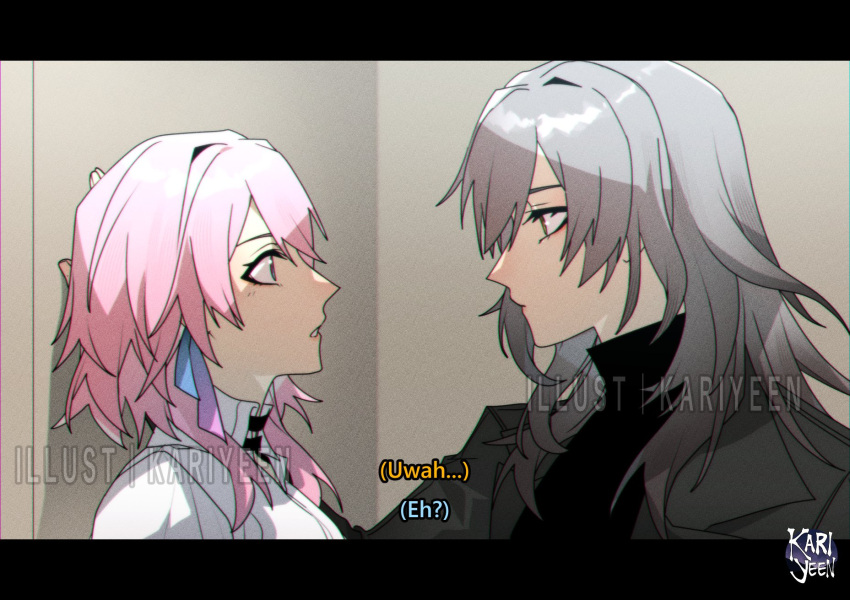 2girls black_sweater chromatic_aberration coat commentary english_commentary english_text eye_contact grey_coat grey_hair highres honkai:_star_rail honkai_(series) kari_yen letterboxed long_hair looking_at_another march_7th_(honkai:_star_rail) multiple_girls parted_lips pink_hair profile shirt stelle_(honkai:_star_rail) subtitled sweater trailblazer_(honkai:_star_rail) turtleneck turtleneck_sweater upper_body white_shirt wolf_cut yuri