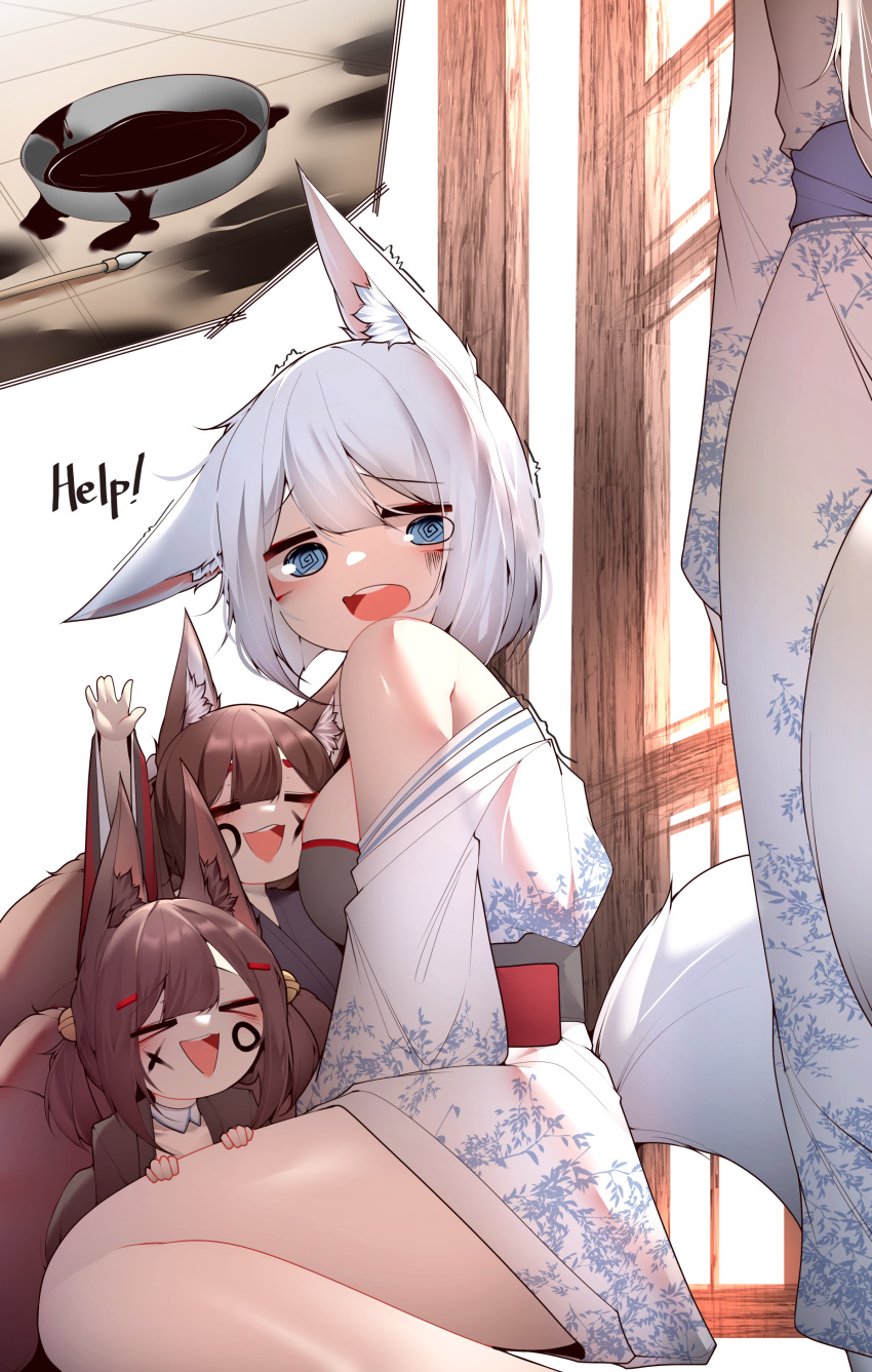 &gt;_&lt; 4girls =_= @_@ absurdres akagi-chan_(azur_lane) amagi-chan_(azur_lane) animal_ear_fluff animal_ears arms_up azur_lane bangs bare_legs bare_shoulders bell black_bra blue_eyes bra breasts brown_hair brown_kimono brown_tail calligraphy_brush closed_eyes commentary detached_collar english_text facepaint fox_ears fox_girl hair_ornament hands_on_another's_thigh highres ink inset japanese_clothes kaga_(azur_lane) kimono kneeling large_breasts long_hair looking_at_another multiple_girls obi off_shoulder open_mouth out_of_frame paintbrush print_kimono purple_shirt red_kimono samip sash shirt short_hair smile spill standing tail teeth tosa_(azur_lane) trembling underwear upper_teeth_only white_hair white_kimono white_tail
