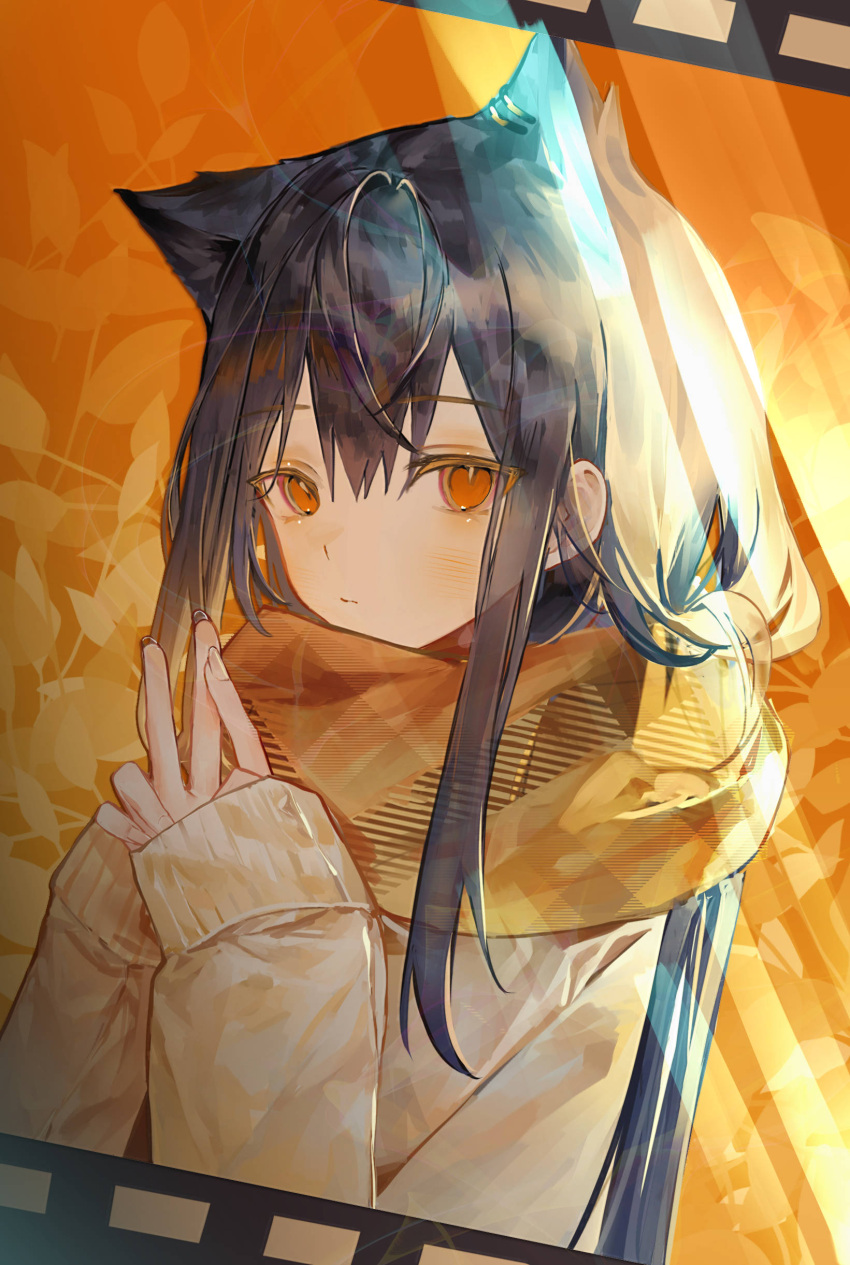 0_(znanimo) 1girl absurdres animal_ears arknights black_hair blush ear_piercing film_strip floral_background highres long_hair looking_at_viewer orange_background orange_eyes piercing scarf spotlight sweater texas_(arknights) v white_sweater wolf_ears