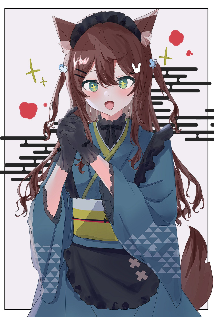 +_+ 1girl :3 :d animal_ear_fluff animal_ears apron black_apron black_bow black_bowtie black_gloves blue_kimono bow bowtie brown_hair chamu_(kohaku_sogo) chinese_zodiac cowboy_shot fang frilled_kimono frills gloves green_eyes hair_ornament hairclip highres japanese_clothes kimono kohaku_sogo maid_headdress new_year open_mouth original own_hands_clasped own_hands_together rabbit_hair_ornament skin_fang smile solo symbol-shaped_pupils tail two_side_up wa_maid waist_apron wolf_ears wolf_girl wolf_tail year_of_the_rabbit