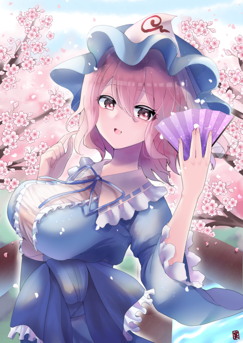 1girl absurdres blue_kimono blurry blurry_background breasts cherry_blossoms clip_studio_paint_(medium) ellen_drawing flower folding_fan frilled_kimono frills hand_fan highres holding holding_fan japanese_clothes kimono large_breasts long_sleeves looking_at_viewer open_mouth outdoors pink_eyes pink_flower pink_hair saigyouji_yuyuko short_hair touhou upper_body wide_sleeves