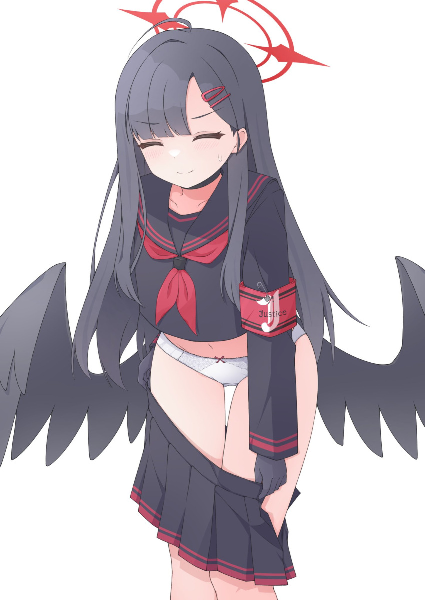 1girl armband black_choker black_gloves black_hair black_sailor_collar black_serafuku black_skirt black_wings blue_archive blush choker closed_eyes collarbone gloves hair_ornament hairclip halo highres ichika_(blue_archive) lace-trimmed_panties lace_trim long_hair long_sleeves low_wings mizusaki_(kn27) navel neckerchief panties pleated_skirt red_armband red_neckerchief safety_pin sailor_collar school_uniform serafuku skirt solo sweat underwear undressing white_panties wings